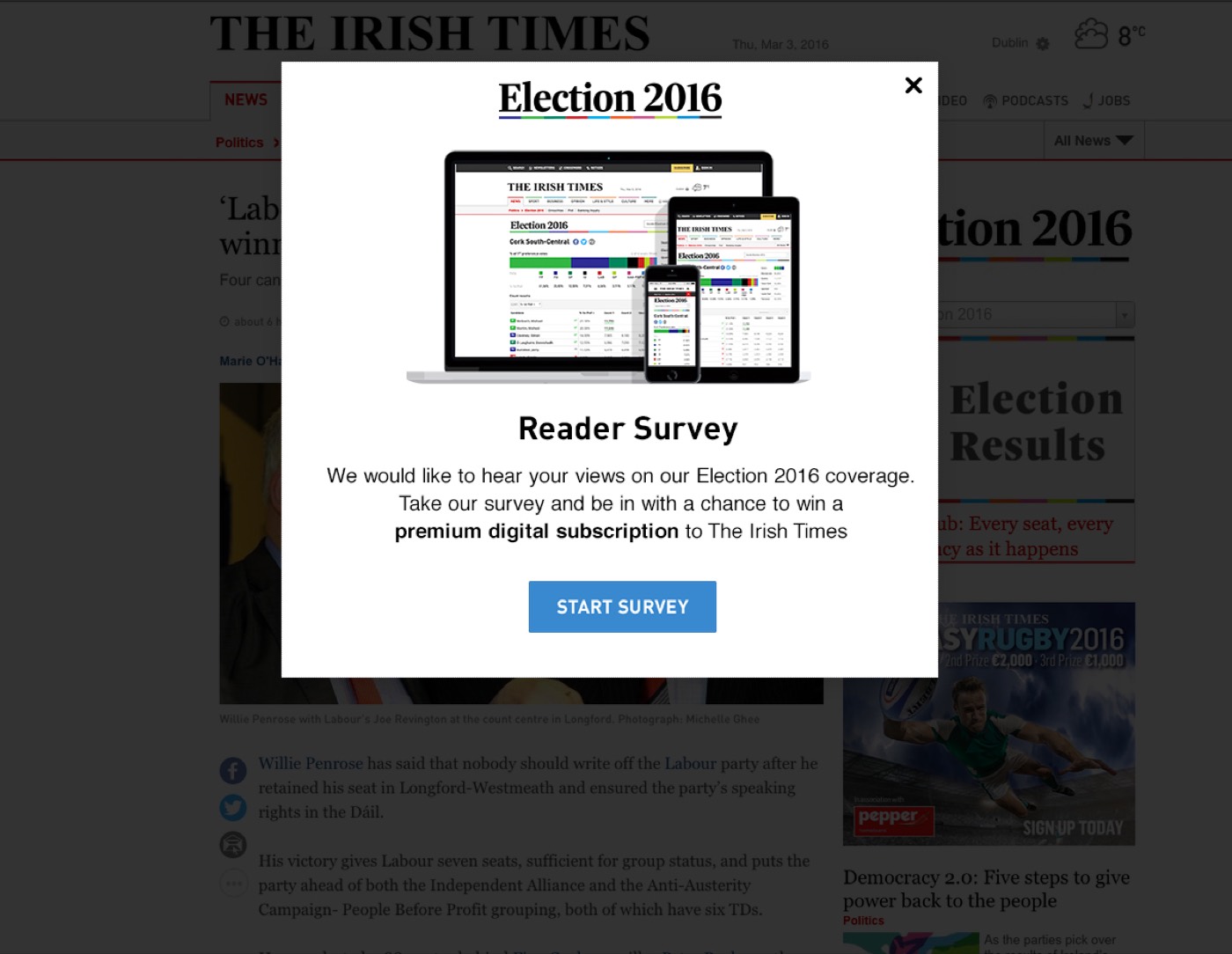 The Irish Times Election 2016 site with a reader survey overlay. The overlay shows the results interface running on a laptop, tablet and phone, above the heading 'Reader Survey'.