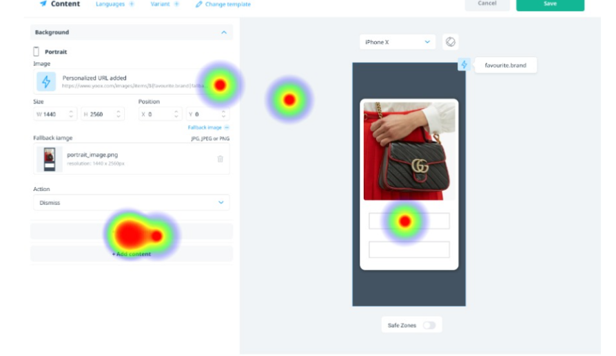 The message content editor with Maze click heatmap spots overlaid. Concentrated red hotspots sit on the '+ Add content' control at the bottom of the left-hand panel, on the image URL field, and on an empty area of the phone preview — including one on the preview itself where no control exists.