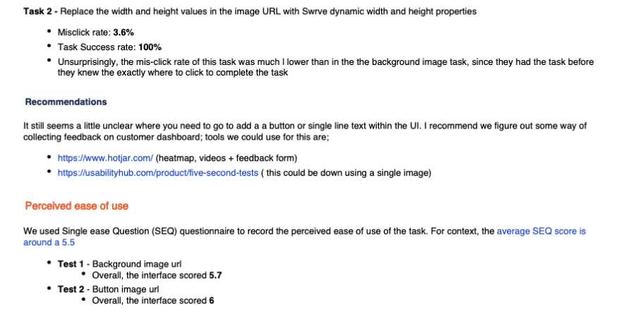 An extract from the test report. Task 2 is listed with a misclick rate of 3.6% and a task success rate of 100%, followed by a Recommendations section noting it is still unclear where to go to add a button or single line text, and a Perceived ease of use section giving SEQ scores of 5.7 and 6 against an average of 5.5.