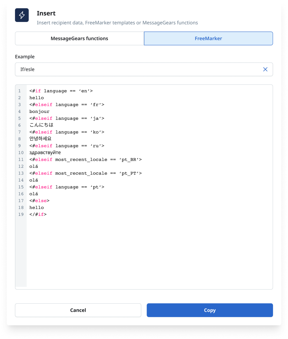 An Insert panel headed 'Insert recipient data, FreeMarker templates or MessageGears functions'. Two tabs read 'MessageGears functions' and 'FreeMarker', with FreeMarker selected. An Example dropdown is set to 'If/else', and a syntax-highlighted, line-numbered code sample shows a conditional greeting across eight languages. Cancel and Copy buttons sit at the bottom.
